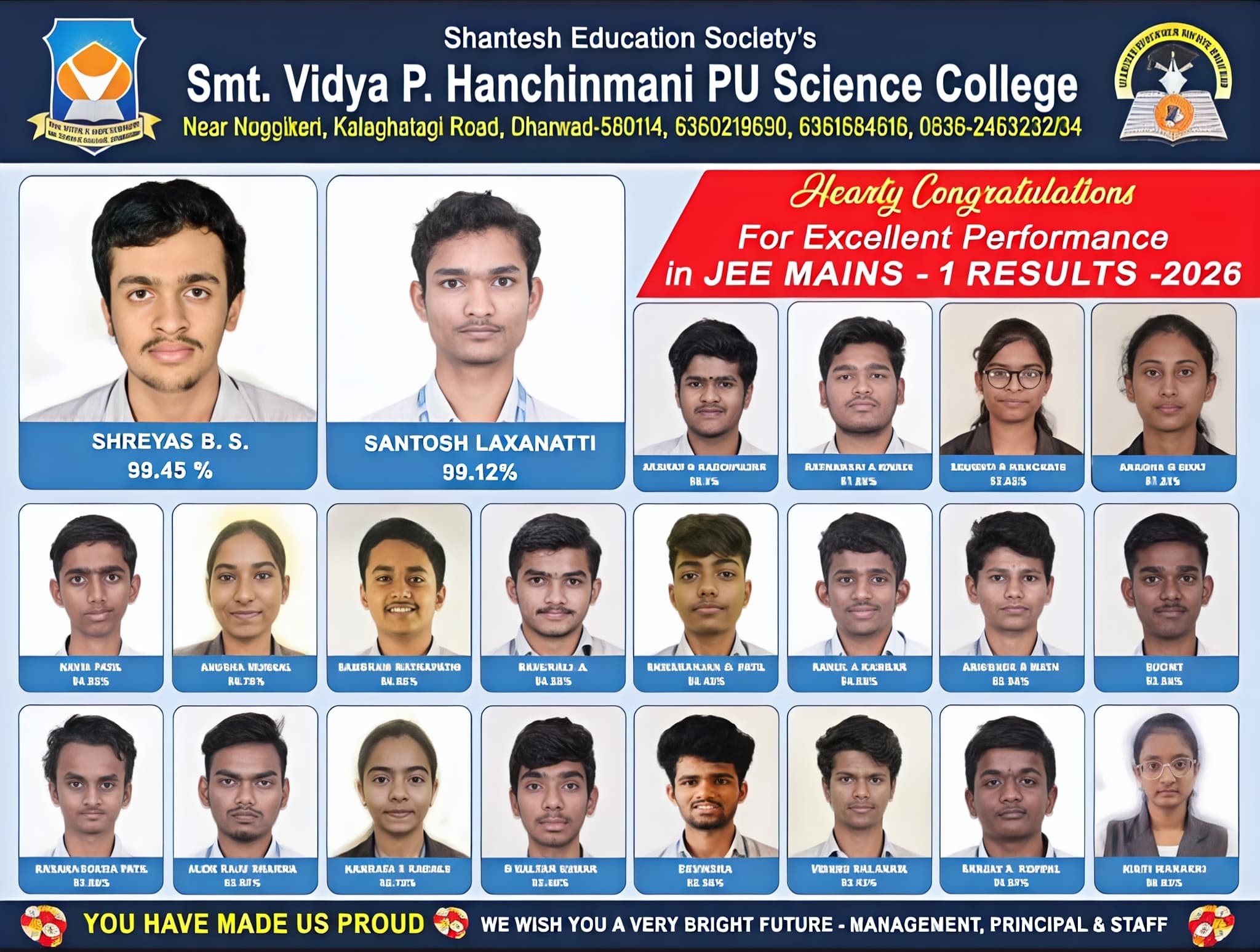 JEE Main 2026 achievers, VPH College, Dharwad